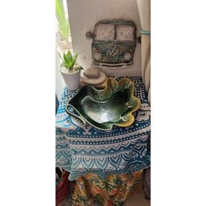 Hall 85 signed vintage leaf platter decorative plate fall autumn green brown